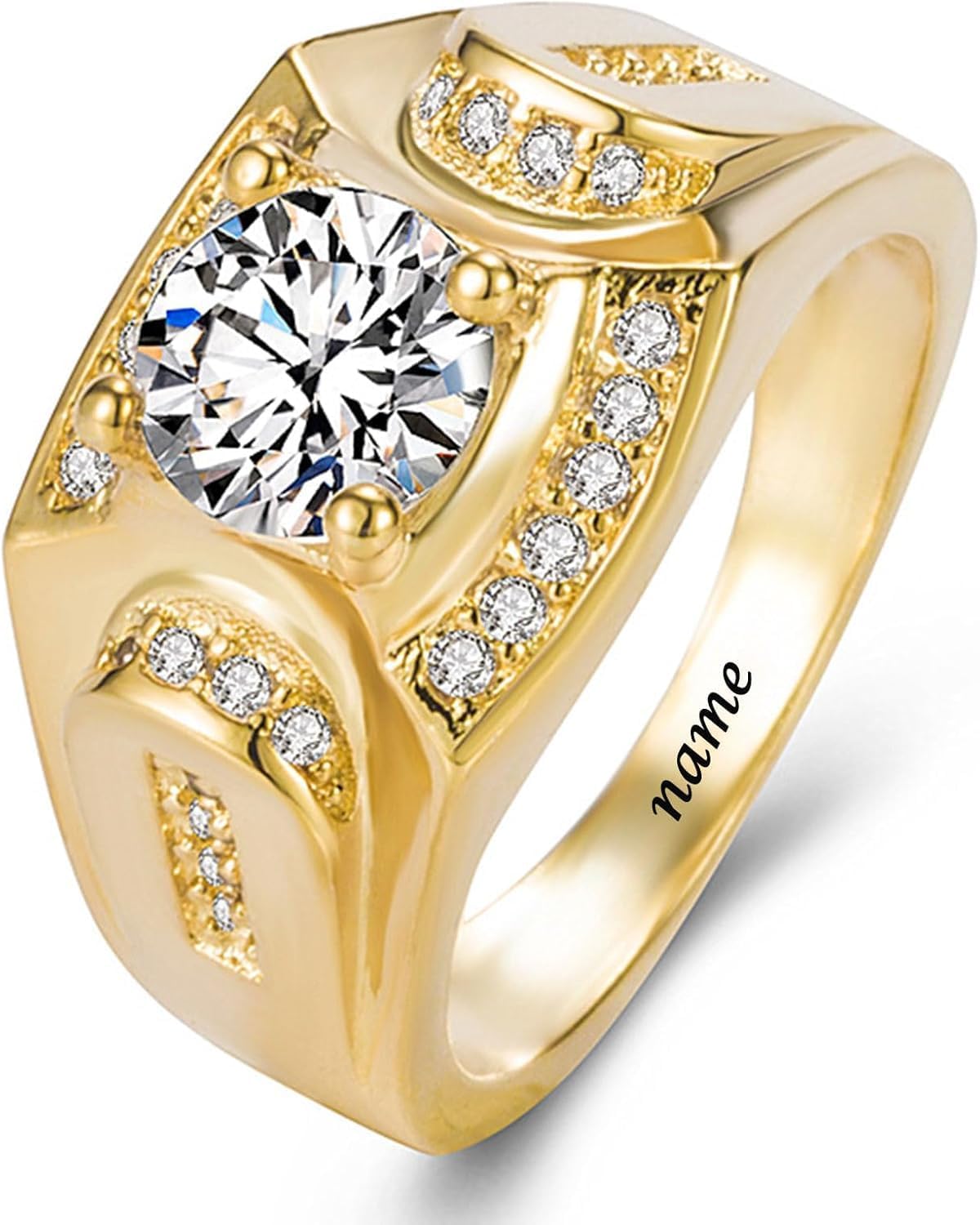 Moissanite Men Ring 10k/14k/18k Gold Men Round Cut Moissanite Halo Rings Moissanite Engagement Ring Men Engraving Name Wedding for Him (D Color VVS1 Clarity)