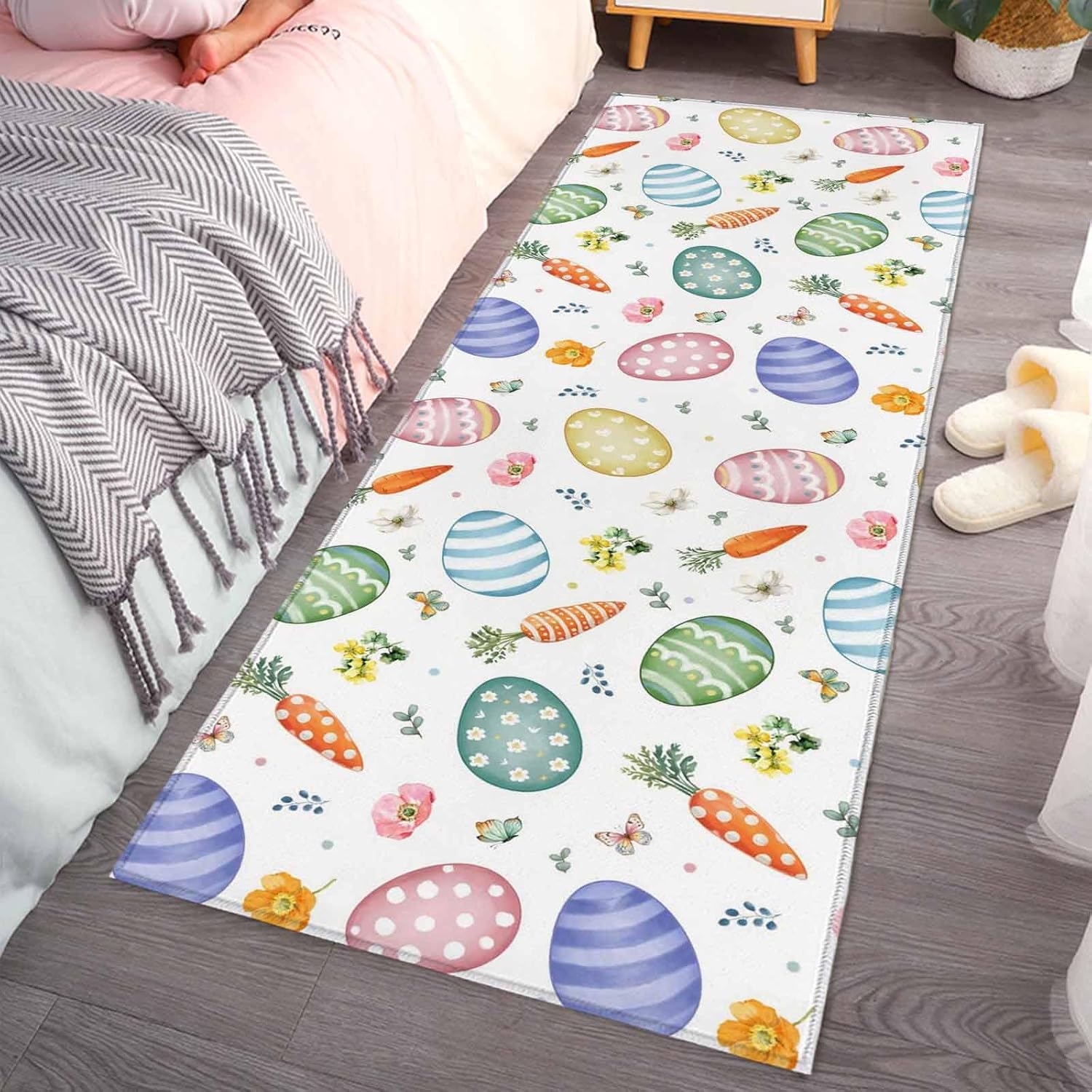 Kitchen Mats for Floor Easter Colorful Egg Carrot Washable Non Slip Kitchen Rugs 1PCS, Spring Flower Butterfly Seamless Absorbent Standing Mats for Sink Bathroom Office Living Room 15.7x47.2in