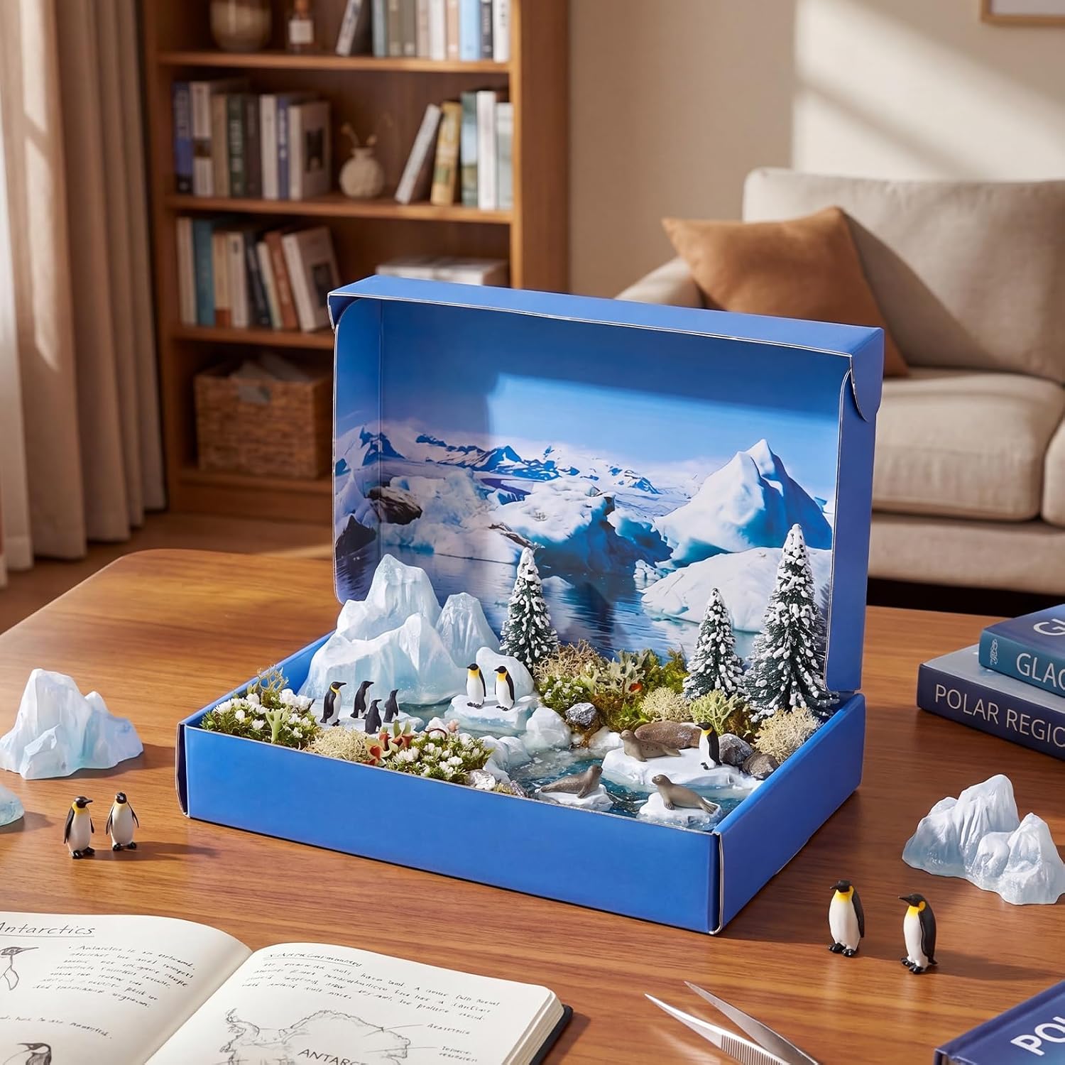 AmazingSpark 2 Set Arctic Ocean Style Habitat Diorama Box and Water Sticker Decor, Diorama Project Supplies Set, Cardboard Display Case Kit & Water Sticke for DIY Crafts Dollhouse