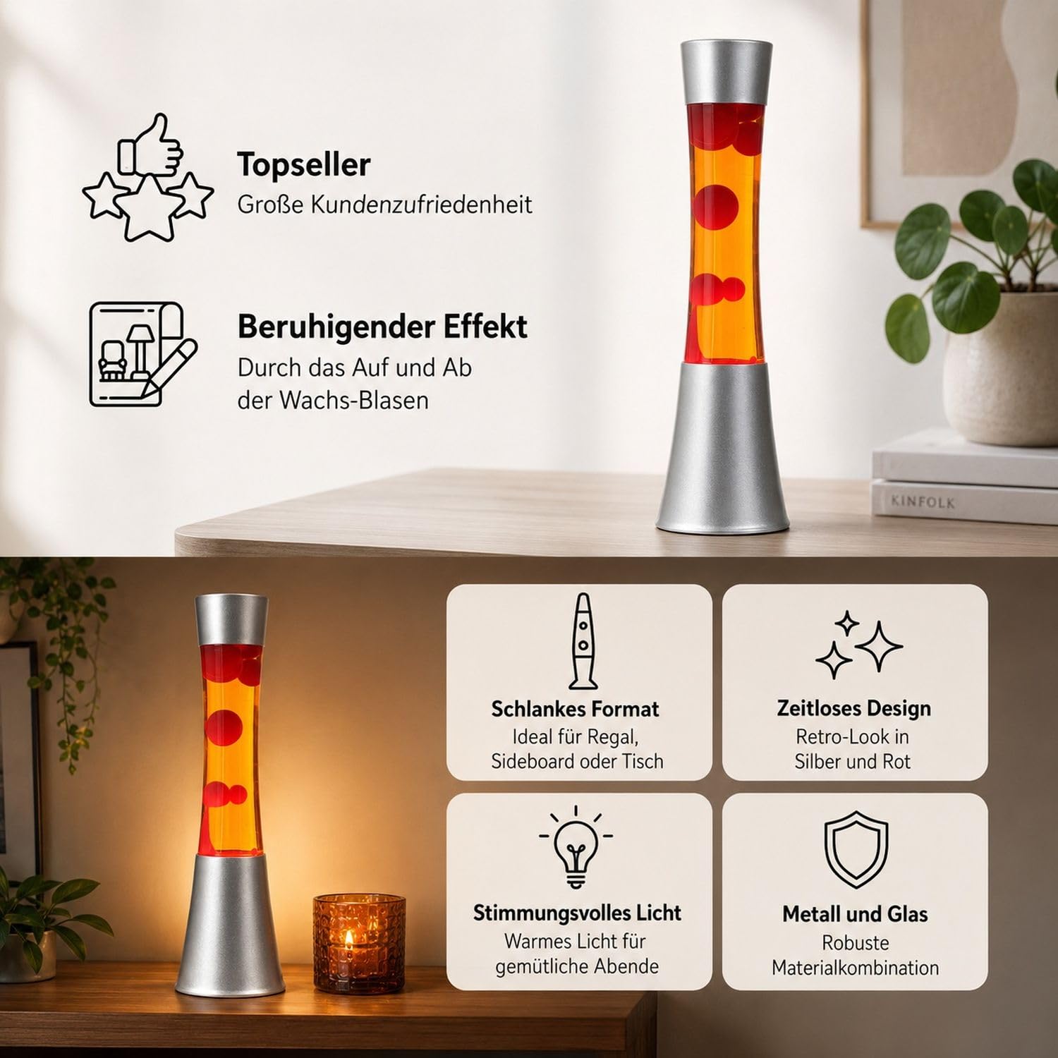 Licht-Erlebnisse Lavalampe Orange Rot, Retro Lampe, kräftig, aktiv, stimmungsvoll, 39,5 cm, G9 25 W mit Kabelschalter, inklusive Leuchtmittel, Dekolampe, Lava Lampe