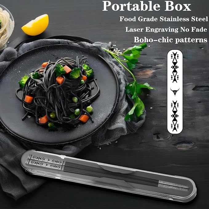Palillos chinos de metal con estuche Reutilizables 1 Par Acero inoxidable 18/8, Negro miniatura 5