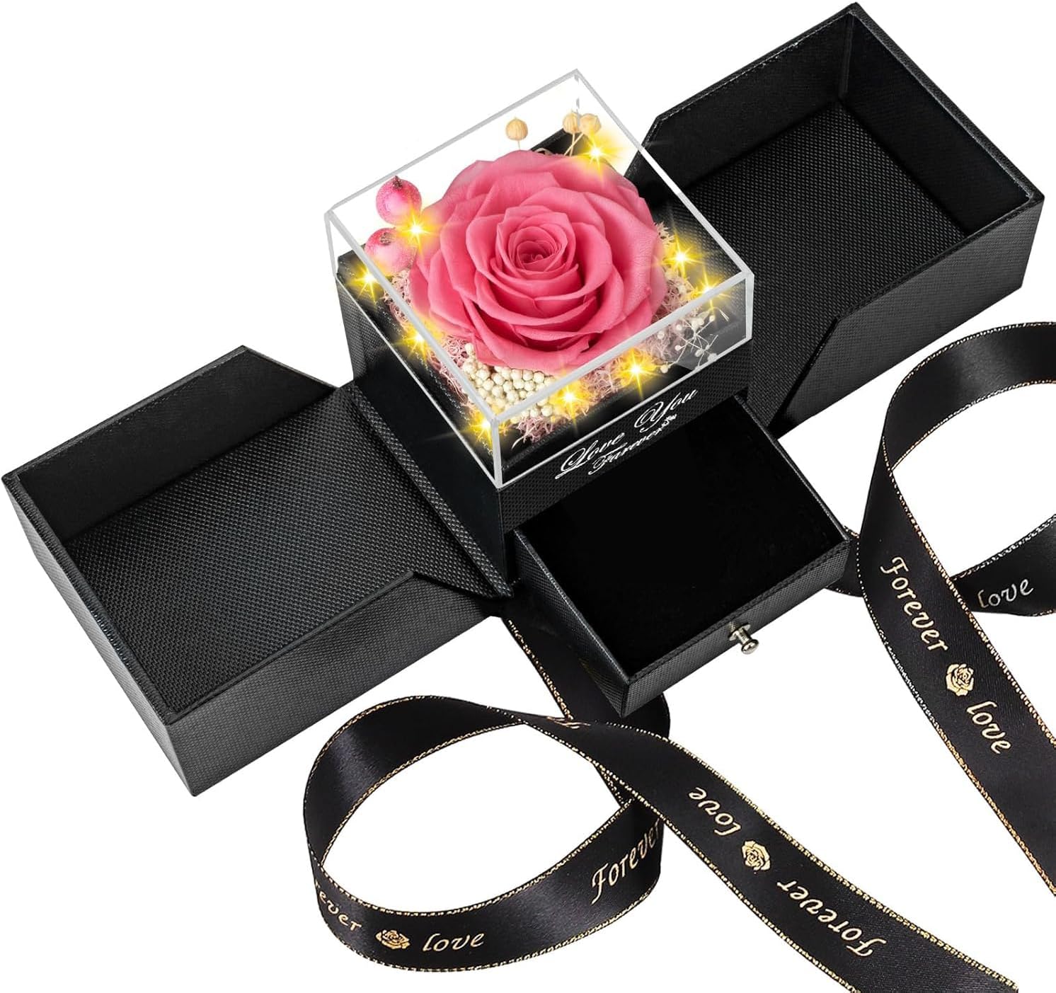 Birthday Gifts for Women Forever Rose: Preserved Real Flower in Box with Heart Necklace on Mothers Day for Women Her Mom Wife Girlfriend Grandma Pink