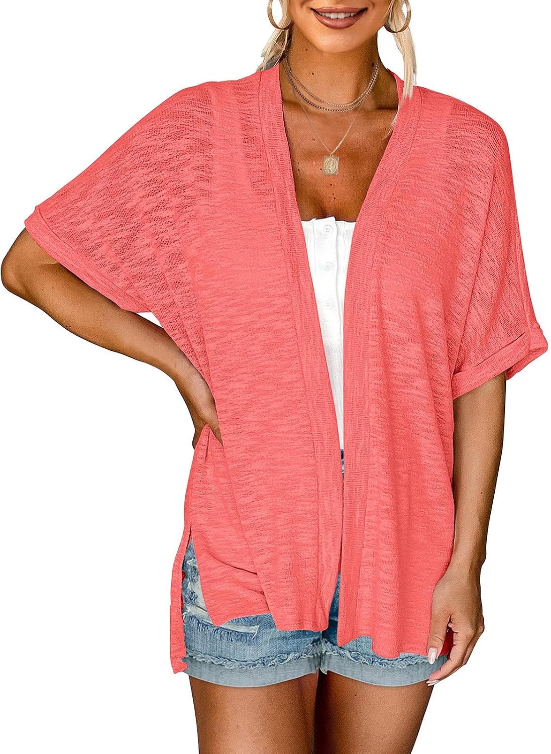 Women's Lightweight Open Front Cardigans Casual Short Sleeve Blouse Loose Beach Cover Up Slit Hem Summer Tops