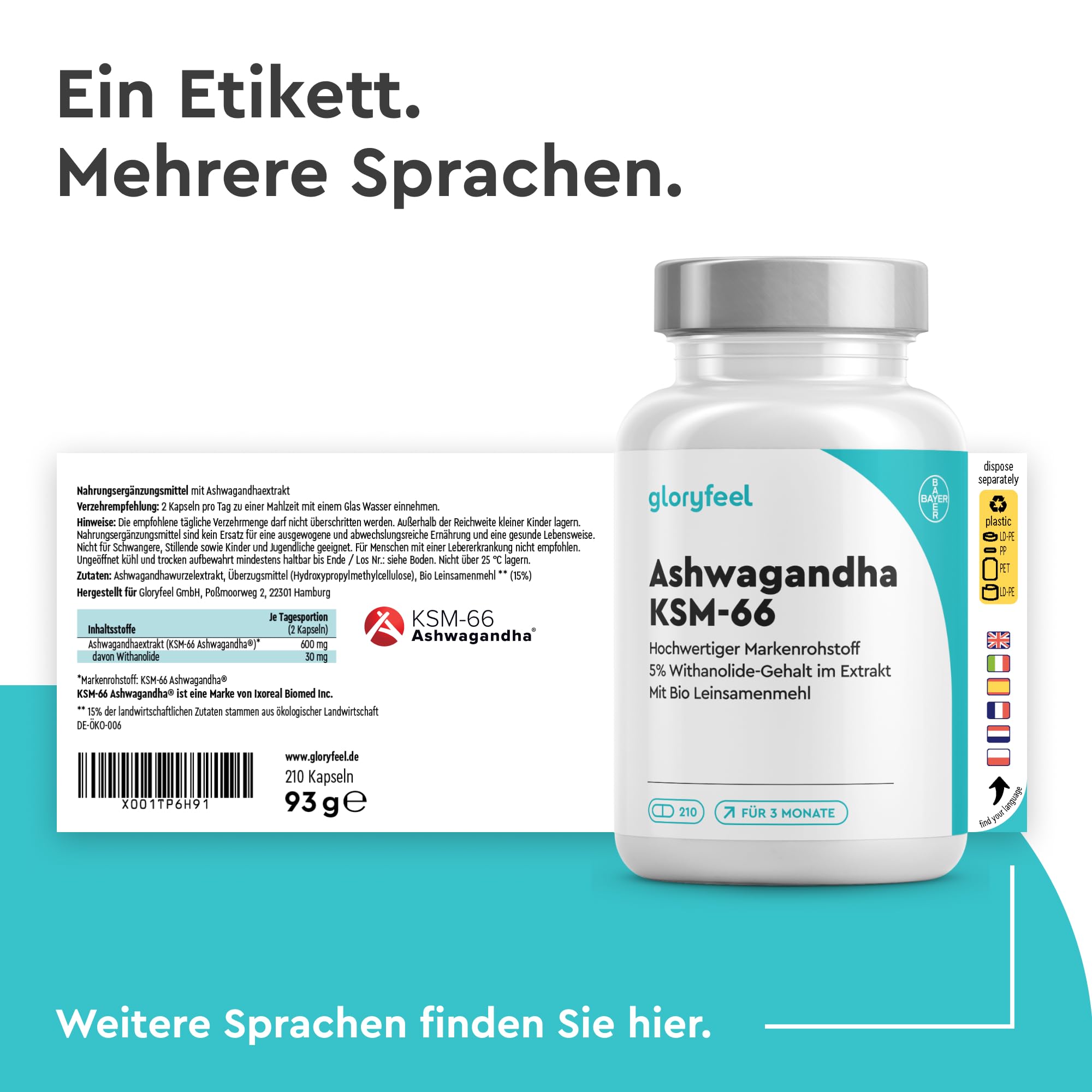 Ashwagandha KSM-66® - 210 Kapseln - 7.200mg reines Ashwagandha aus 600mg Extrakt (12:1) pro Tag - Vegan, laborgeprüft, ohne Zusätze in Deutschland hergestellt
