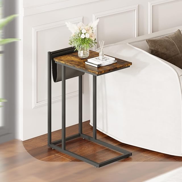 Novilla Sofa Side Table Living Room, C-Shaped Laptop End Table for Office, Industrial Style Metal Frame, Small Coffee Table with Magazine Holder, Bed Side Nightstand For Bedroom, Rustic Brown