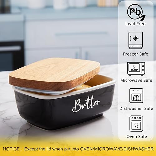 Miniatura 3 de Mantequera Negra, ALELION Mantequera Grande de Cerámica con Tapa para Encimera, Recipiente para Mantequilla con Tapa de Madera de Acacia, Decoración