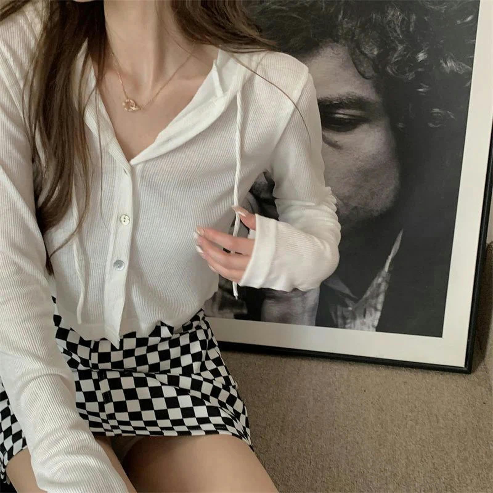 Top Mujer Sudaderas De Punto con Capucha De Punto De Verano Sudaderas Callejeras Femeninas con Una Sola De Blusas De Punto De Manga Femenina-Blanco-s