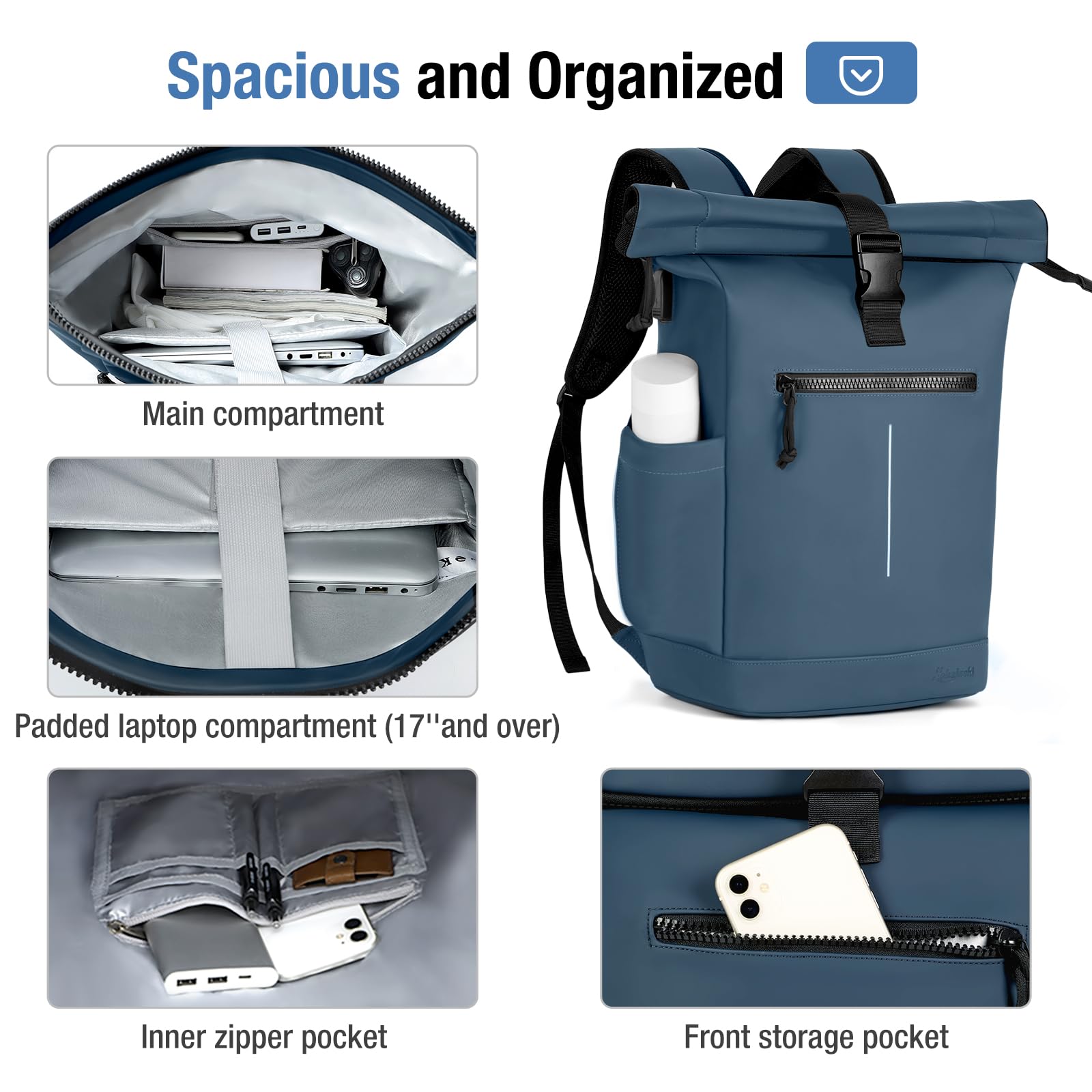 Lekeinchi Zaino Rolltop Uomo Donna Porta PC 17 Pollici | Zaino Impermeabile Uomo Donna - Rains Zaino con Strisce Riflettenti - Zaino da Viaggio Espandibile - Casual Lavoro Università - Blu XL