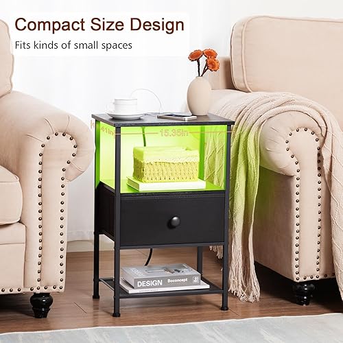 Miniatura 8 de LOAKEKEL Juego de 2 mesitas de noche LED con estación de carga, mesas auxiliares pequeñas para espacios pequeños, mesita de noche delgada con cajón