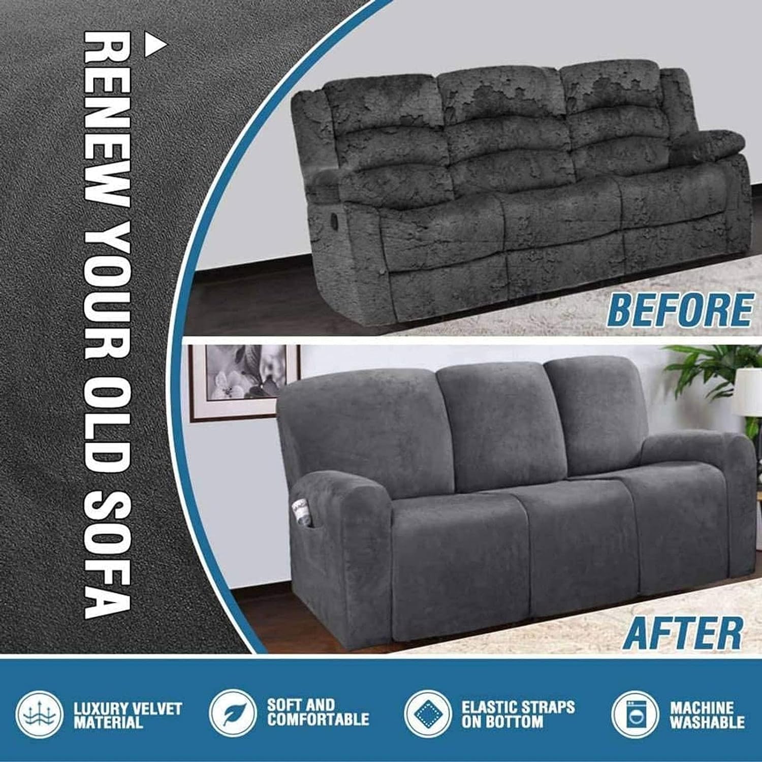 Funda for sillón reclinable Relax de Terciopelo elástico de 1 Plaza, 4 Piezas con Bolsillos Funda for sillón eléctrico reclinable Relax(Grigio,3 posti)