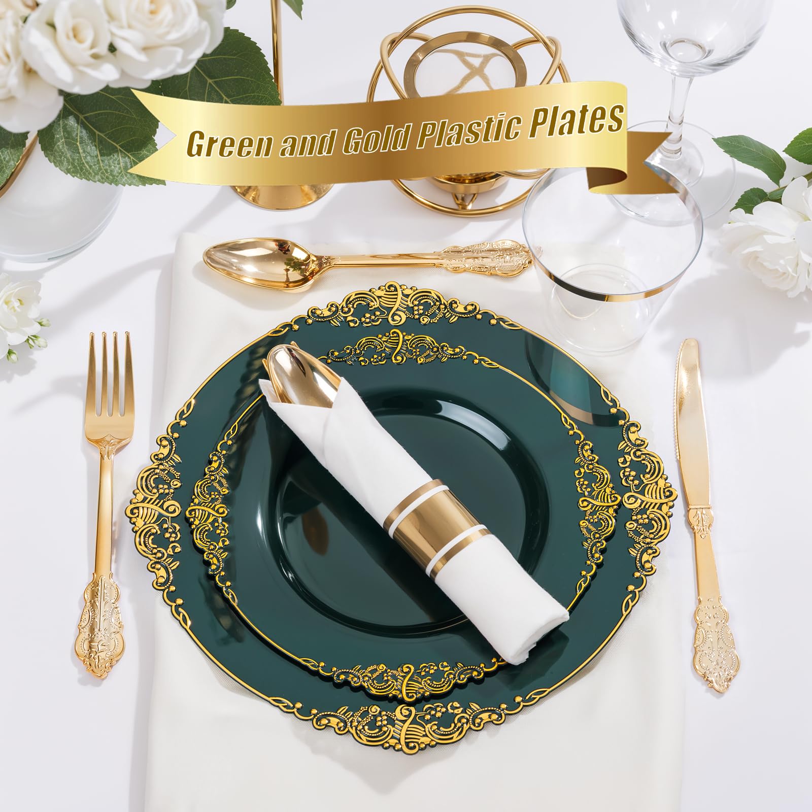 Elegant Green Gold Disposable Plates -5