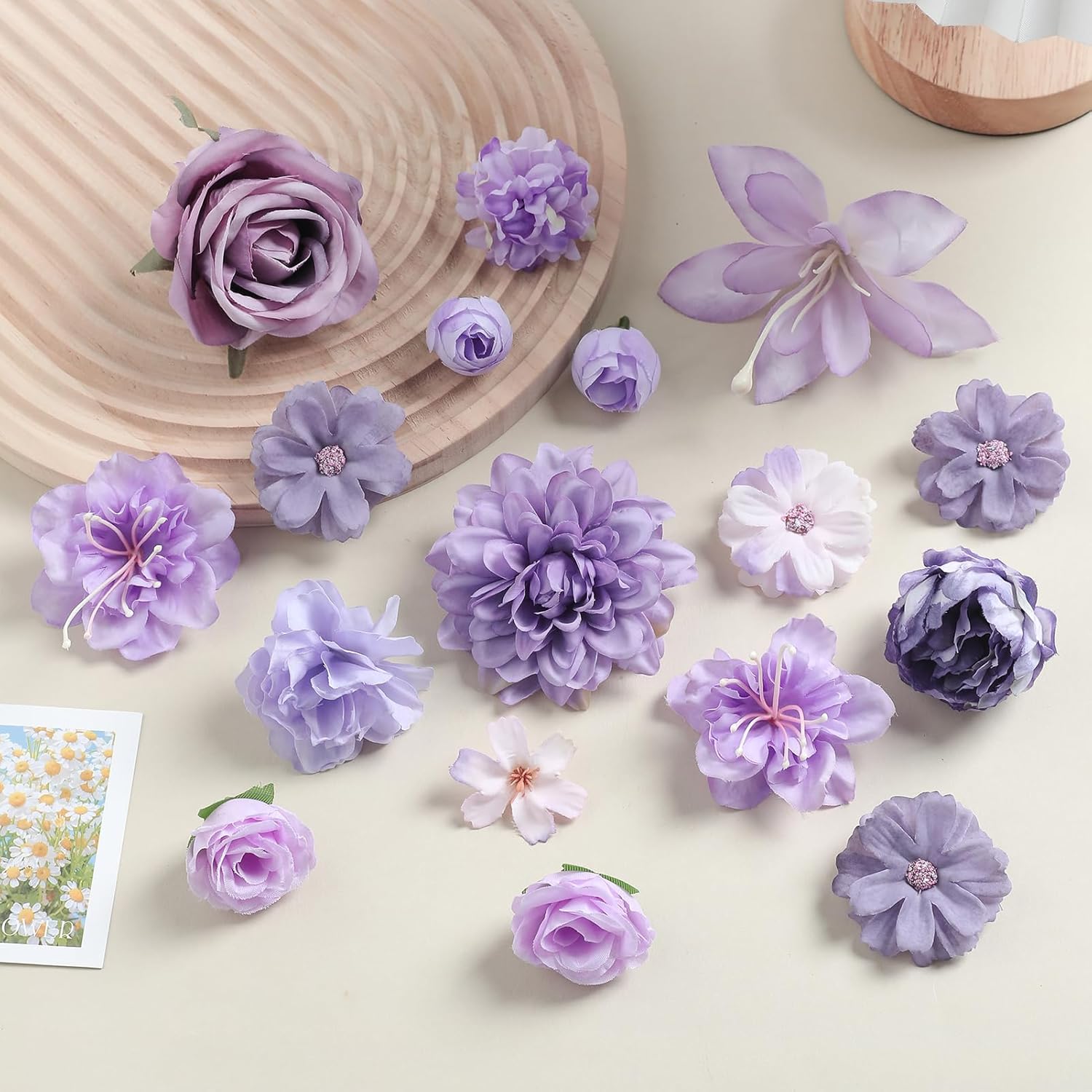 Fake Flower Heads for Crafts - Purple Silk Artificial Roses, Peonies, Daisies & Mini Floral Heads Bulk (48-Pack) for Wedding Decor, Graduation Cap, Cake Topper, Baby Shower, Home Decoration - Image 8