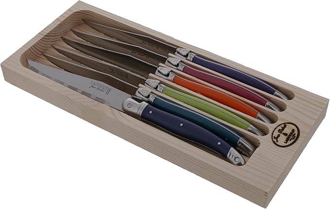 Jean Dubost Laguiole 6-Piece Steak Knife Set, Paris Colors Handles