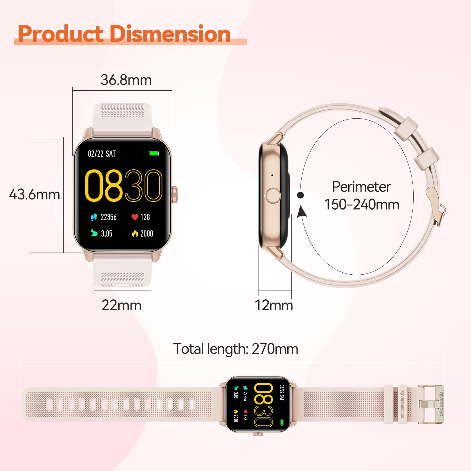 RIVERSONG Montre Connectée Femme avec Appel Bluetooth, 1,70" Montre de Sport avec Fréquence Cardiaque,SpO2, Podomètre, Cycle Menstruel, Moniteur de Sommeil, Étanche IP67, pour Android/iOS, Rose