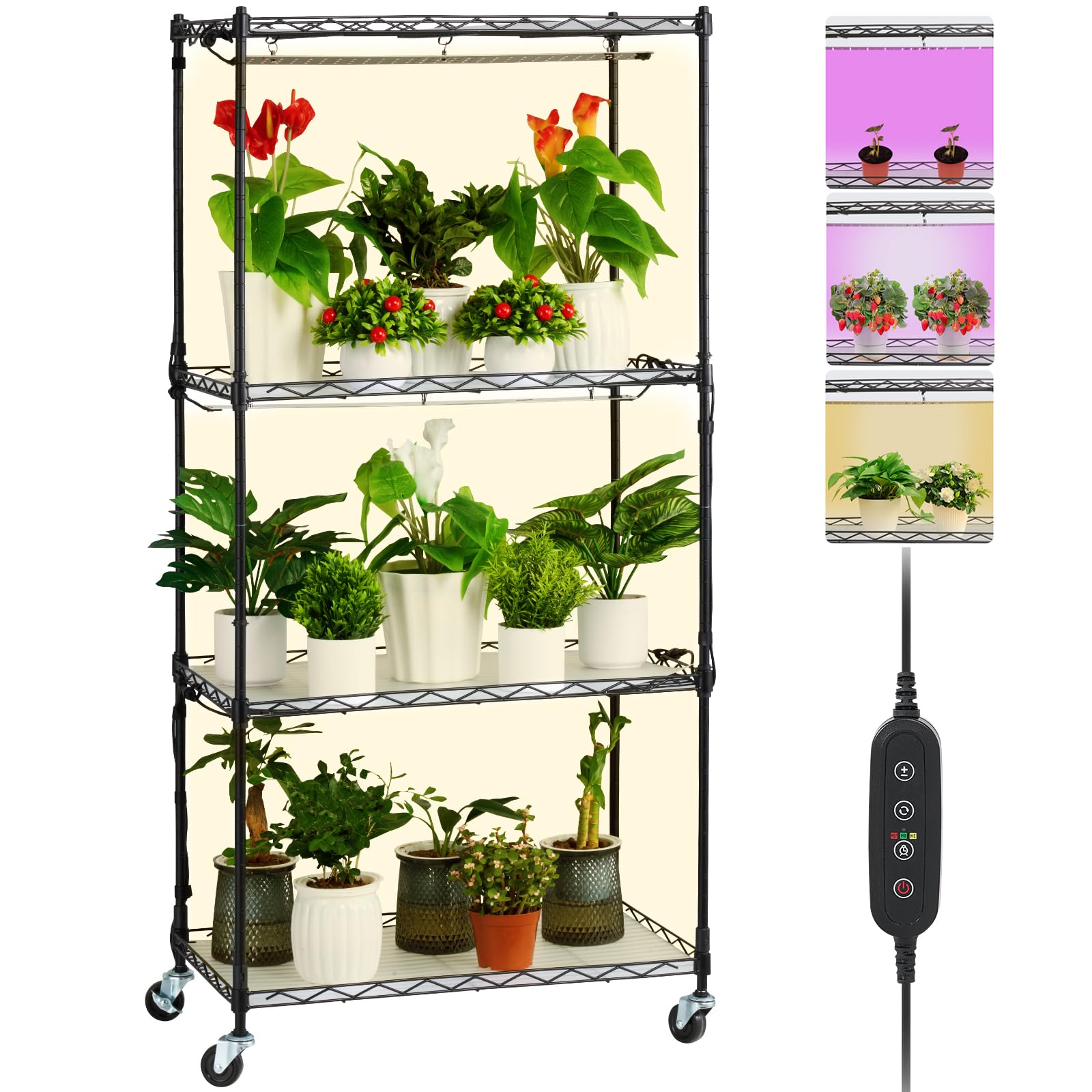 VEVOR Plant Stand with Grow Light, 4-Tier Plant Shelfwith 45W Full Spectrum LED, 3 Mode Plant Light with Timer and Wheel for Seed Starting, Metal Plant Rack for Indoor Plants