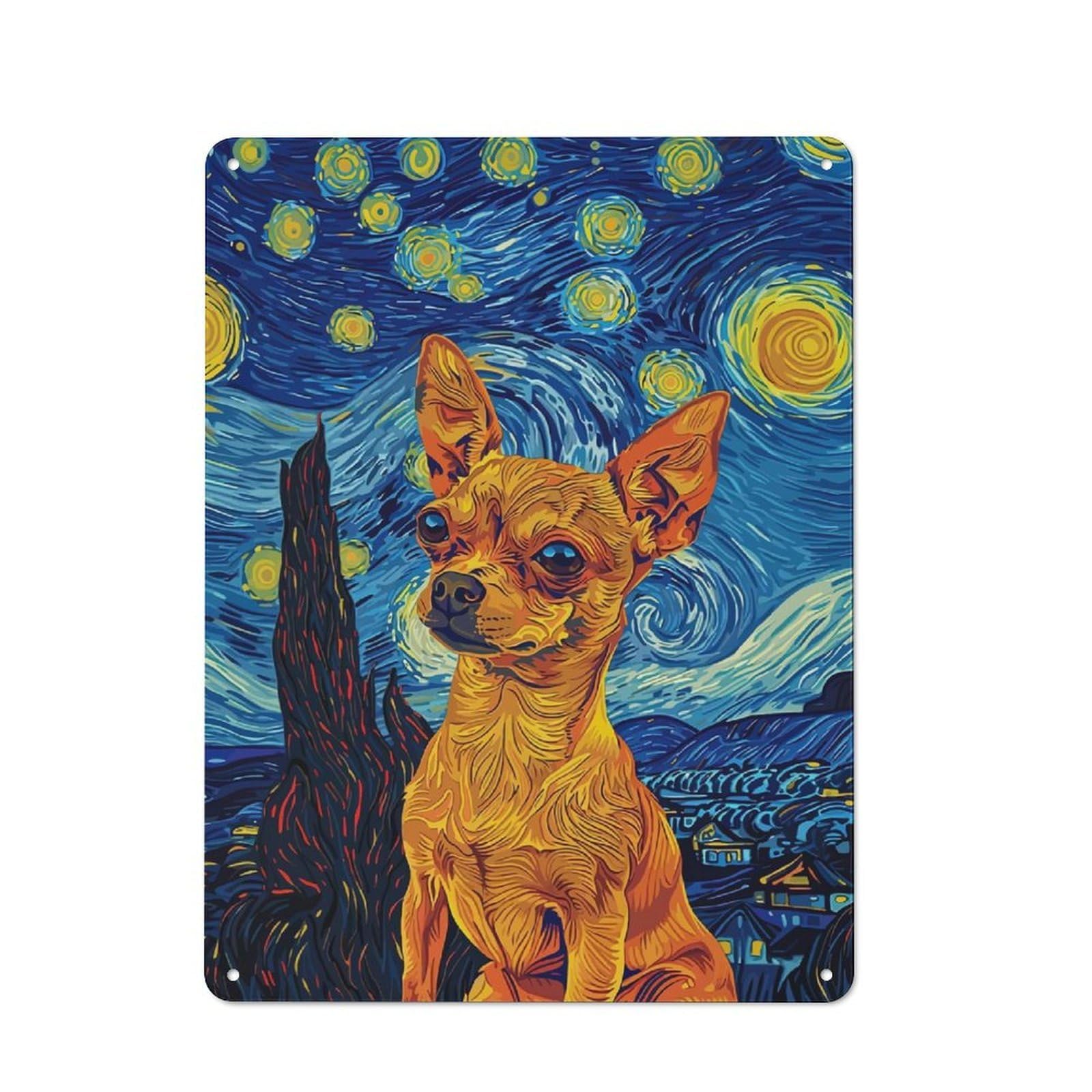 Junmoney Style-9 Starry Night Chihuahua Decorative Tin Plaque 40X30cm, Vintage Bar Wall Plaque For Bar, Kitchen, Garage Or Games Room