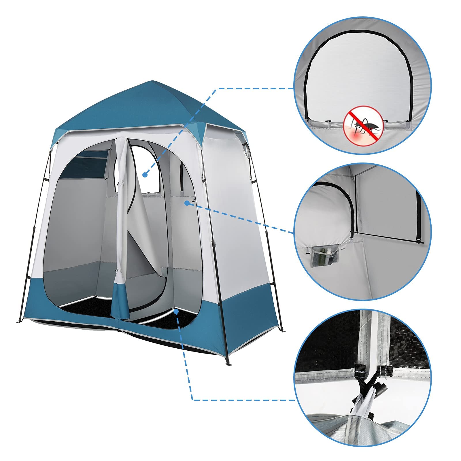 Pop Up Duschzelt, 2 Zimmer Wasserdicht Sichtschutz mit Boden, Tragetasche für Camping, Strand, Wandern und Toilette, UV-Schutz, 2,3 m