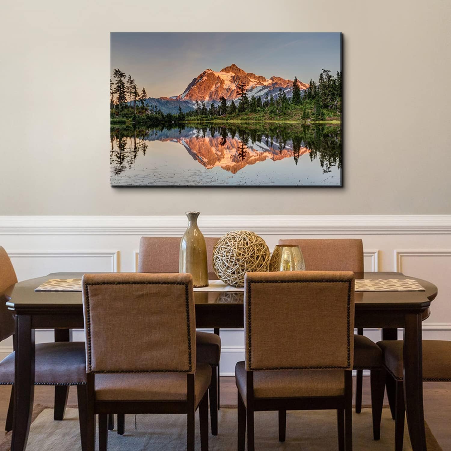 Nature Mountain Scenery Canvas Wall Art Home Decorations Mount Baker Washington Landscape Picture Wall Decor Sunset Forest River Panoramic Painting for Modern Living Room Bedroom Framed Artwork 32x48"