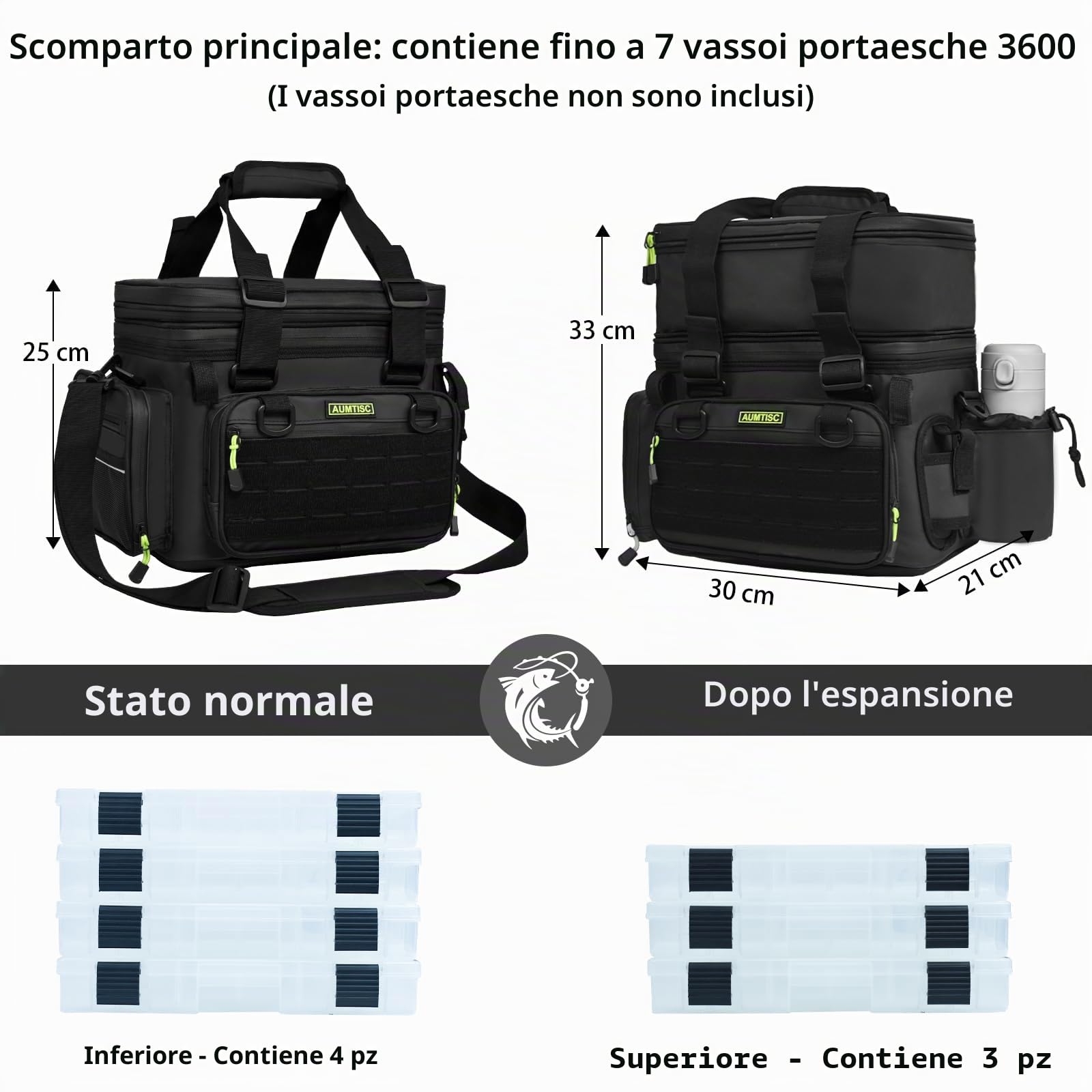 AUMTISC Borsa da pesca espandibile impermeabile grande capacità, borse scatola da pesca accessori