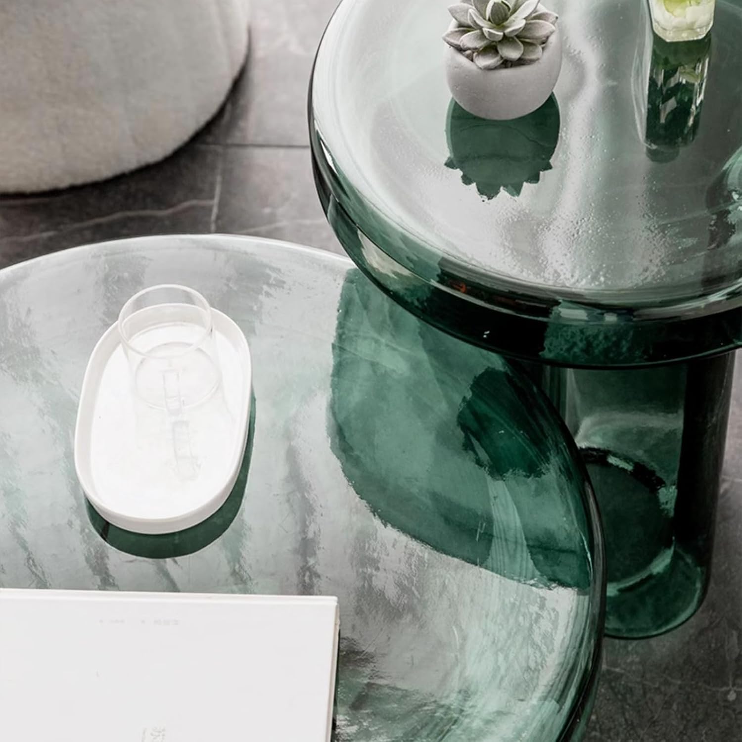 Glass Coffee Table Set- Unique Petal Design Exquisite Hand Blown Glass Modern Glass Side Table - Small Luxury Accent Table for Living Room Customizable Colors (Smoke Green, Set)