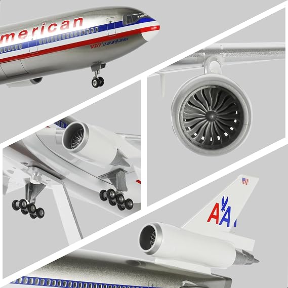 MD-11 aircraft model in 1:130 scale, compatible with American Airlines, including stand (47 cm long), made of resin, ideal as a souvenir for adults, as decoration for home or office.