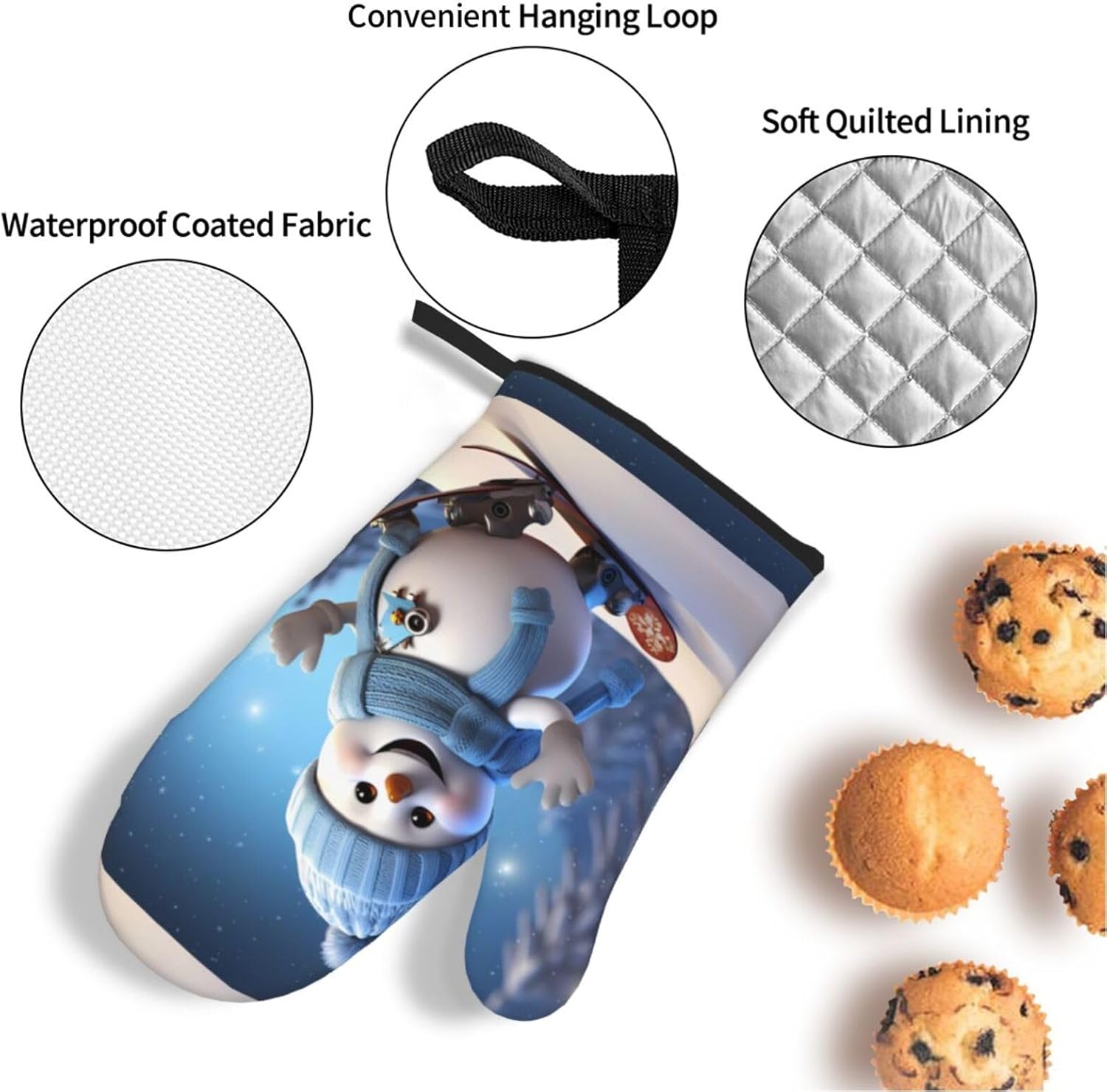 (Cute Snowboard Snowman) Baking 4-Piece Set: 2 Oven Mitts and 2 Pot Holders Heat Resistant Waterproof Hanging Loop for Kitchen Oven Grill Housewarming Gifts