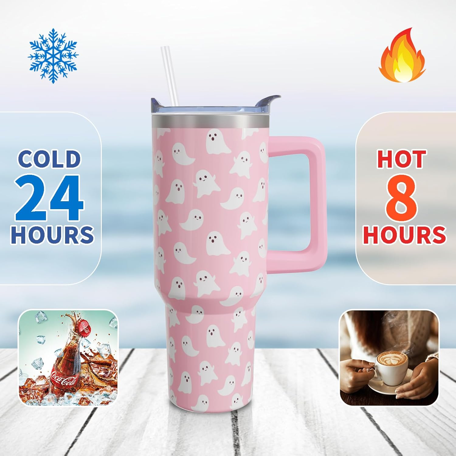 Halloween Ghosts 40 Oz Tumbler with Handle and Straw, Cute Spooky Stainless Steel Insulated Cup Water Bottle, Holiday Gifts for Women Girls (1PC) - Image 4