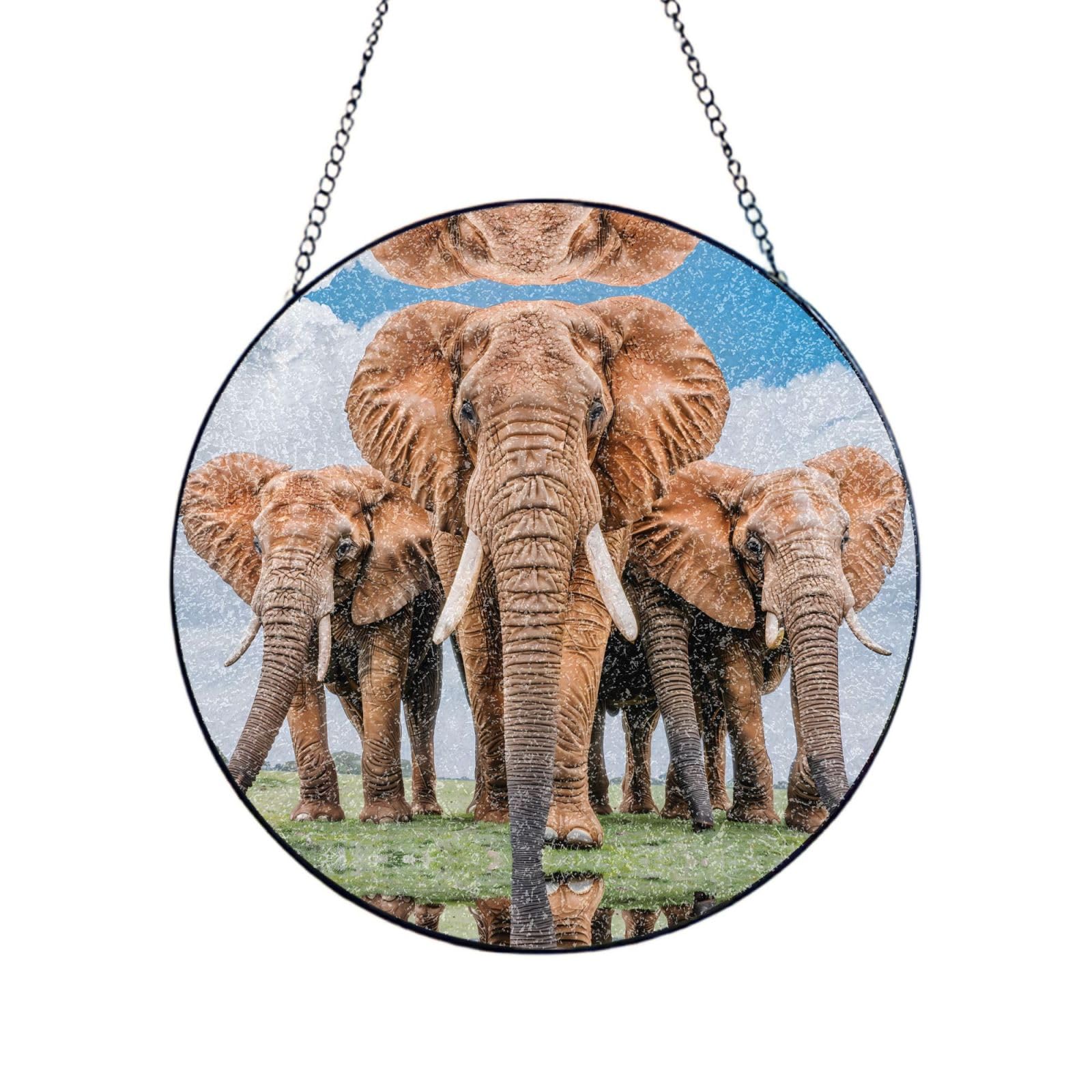 Phayah African Elephant Print Glass Window Hanging Round Suncatcher Glass Ornament Garden Wall Fence Decorations Indoor Outdoor 12in（30cm）