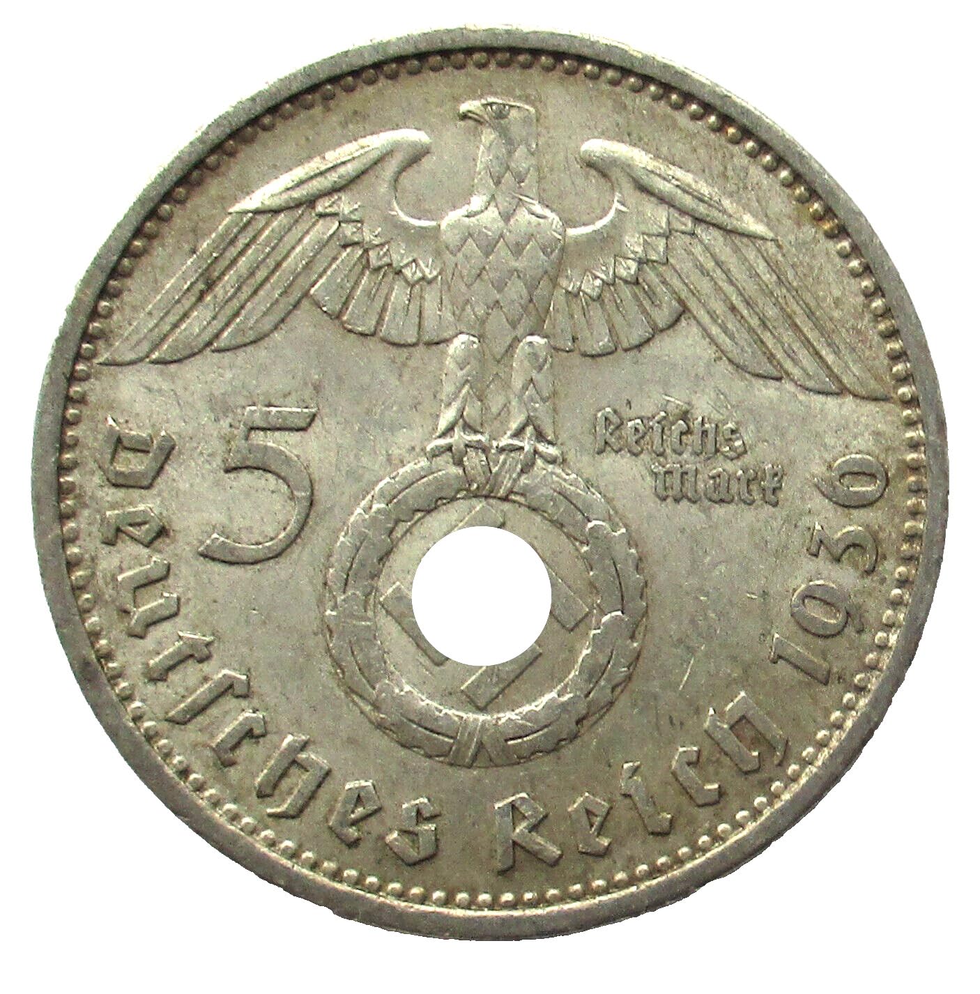 1 Authentic Historical 5 Reichsmark Silver Coin. WW2 Era, Made in Honor of German President and WW1 General Hindenburg. Monetized By The German Government.