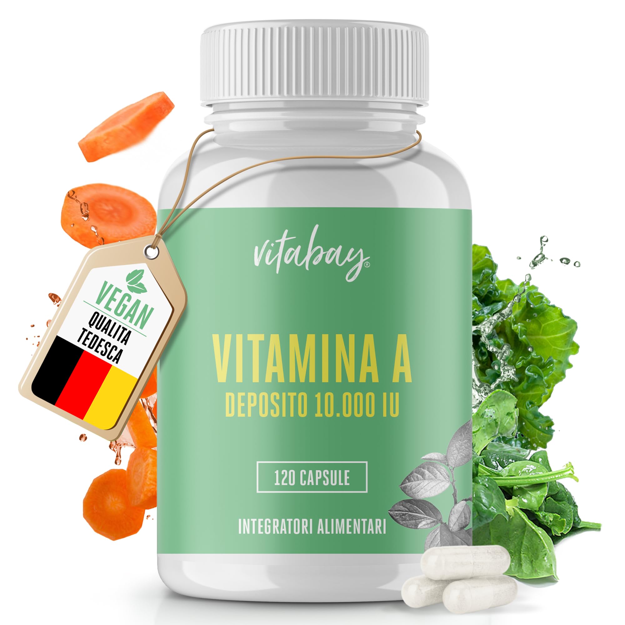 Vitabay Vitamina A capsule ad alto dosaggio – 120 capsule vegane di vitamina A retinolo 10000 UI – Vitamine A per occhi, pelle e sistema immunitario – Vit A Vegan – Testato in laboratorio