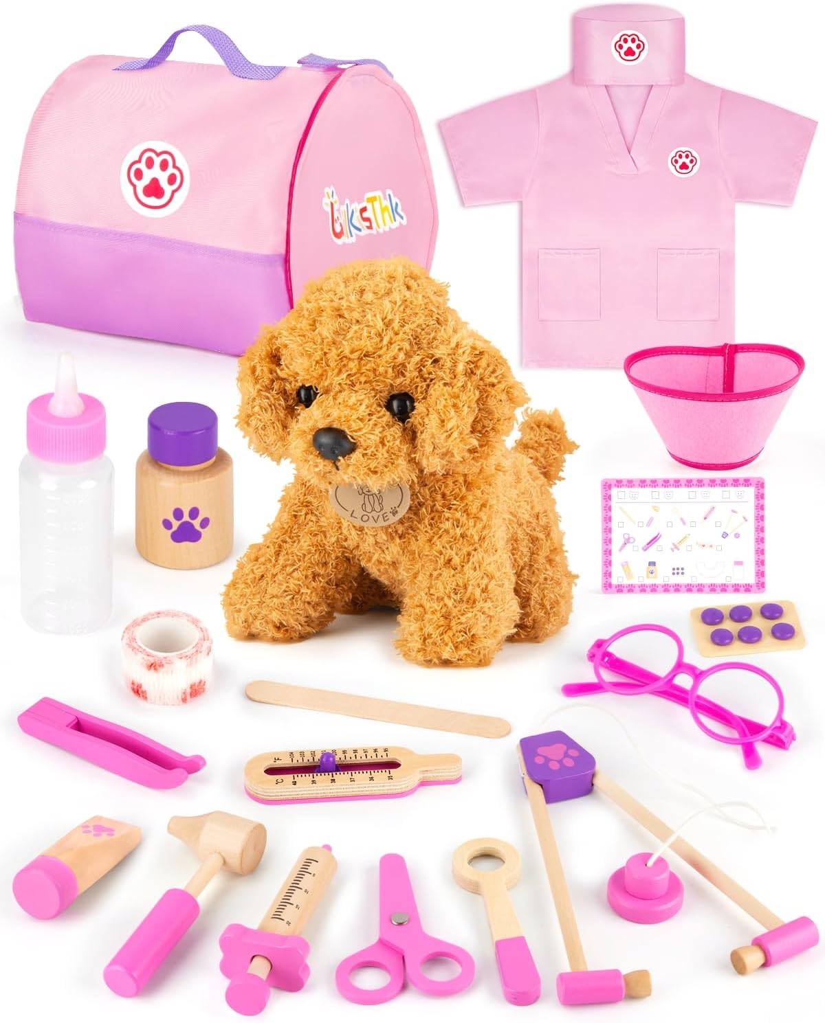 LilKisThk Wooden Doctor Kit for Toddlers 3-5, Pretend Play Toys Veterinarian Kit For Kids Vet Play Set with Dog Carrier, Toddler Doctor Play Set Medical Toys Gift for Kids Ages 3+