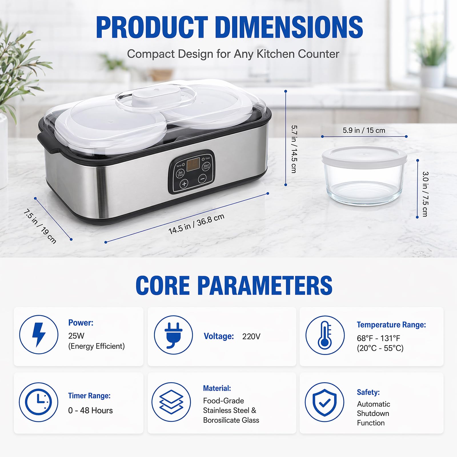 Yaourtière automatique de 2 l, température réglable et minuterie, yaourtière électrique avec affichage LED et 2 verres, pour la préparation de yaourts bio, produits laitiers, fromage, Natto