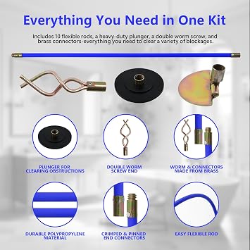 Drain Rod Set 14pcs – Professional Drain Unblocker with Carry Bag – Heavy Duty Rods with Brass Connectors, Auger, Plunger & Worm Screw for Blocked Pipes