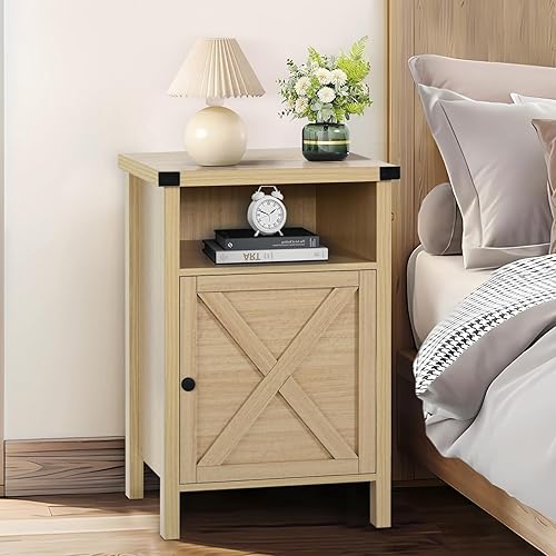 Miniatura 2 de Mesa auxiliar de granja, mesa auxiliar, mesita de noche, mesa auxiliar con puerta de granero y estante, mesita de noche rústica y moderna para