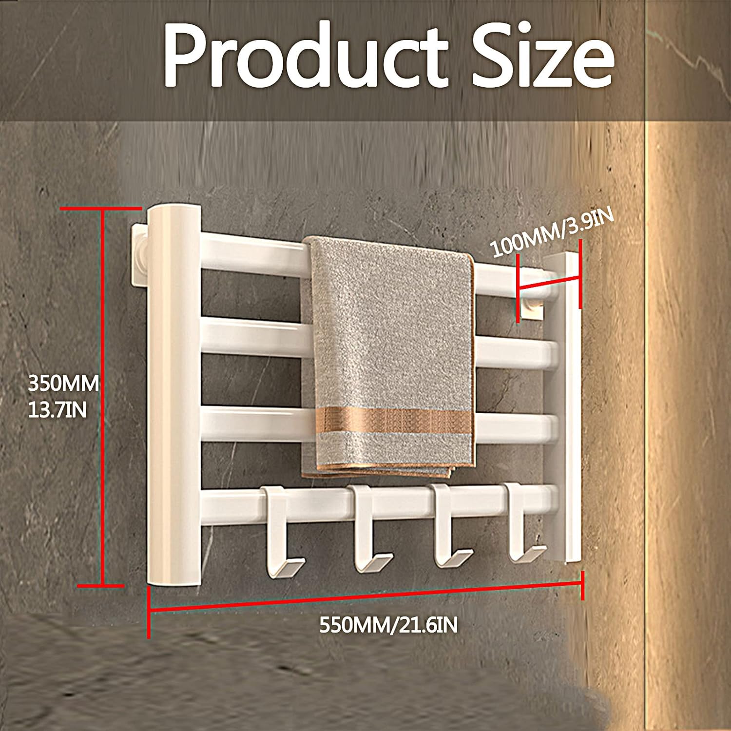 Towel Warmer,Black Heated Towel Rack,White Towel Warmers for Bathroom,Wall-Mounted Towel Heater Rack,Four Heating Rods Towel Warmers Spa,4 Hooks,White,Punching