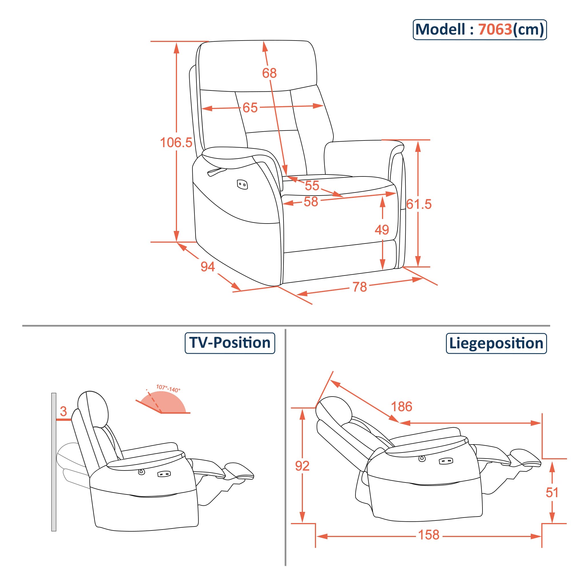 MCombo M Poltrona Relax Elettrica Regolabile, Poltrona TV a 3 cm dalla Parete, Poltrona Relax con Funzione Reclinabile,Porte USB & Tipo-C e Cuscino Lombare, Soggiorno, 7063 (grigio scuro)