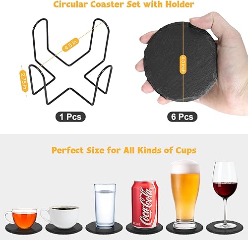 Miniatura 3 de Posavasos de pizarra para bebidas con soporte, juego de 6 posavasos negros para manualidades de bricolaje, juego de posavasos de piedra circular
