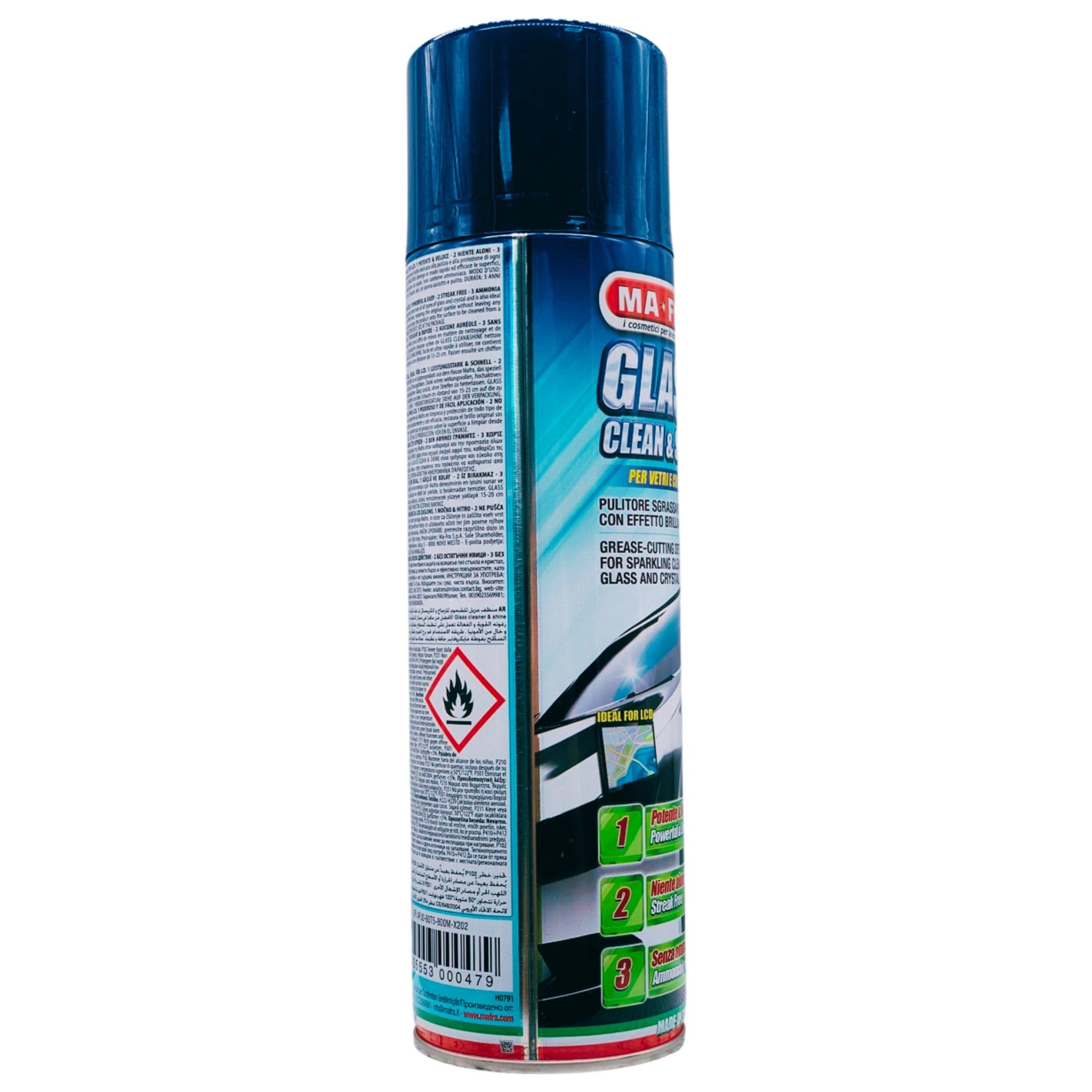 Pulitore Sgrassante Spray Glass CLEAN & SHINE Per Vetri e Cristalli Auto, Con Effetto Brillante. Potente e Veloce, Niente Aloni, Senza Ammoniaca 500ml (4 Spray)