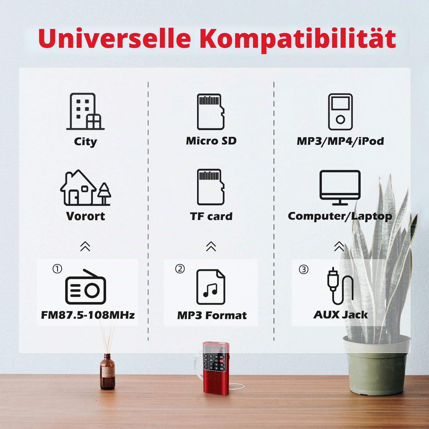 PRUNUS J-328 Taschenradio FM/UKW, Digital Radio Klein mit Rekorder, Kofferradio Mini Radio mit Akku Wiederaufladbarer, SD/TF/AUX MP3-Walkman Fm Radio, Tastensperre zum Joggen, Wandern, Reisen(Rot)