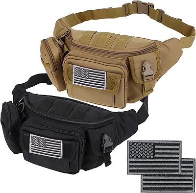 Tactical Fanny Packs, Military Waist Bag Utility Hip Belt Bags for Hiking Climbing Fishing Cycling Hunting with U.S Patch (Tan+Black)