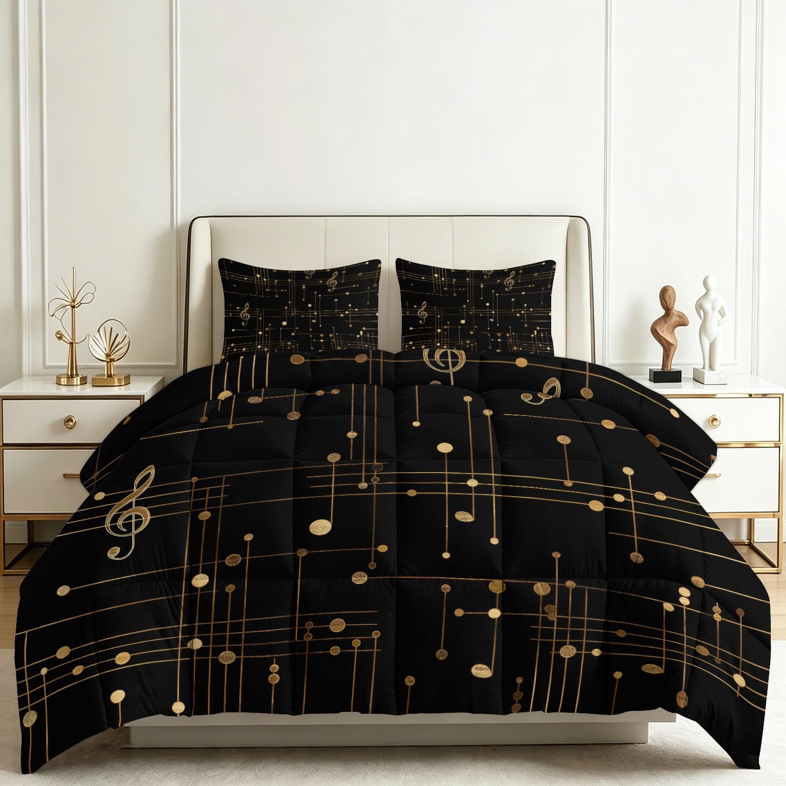 Couette notes de musique réversible 220x240 cm avec 2 taies d'oreiller au style graphique