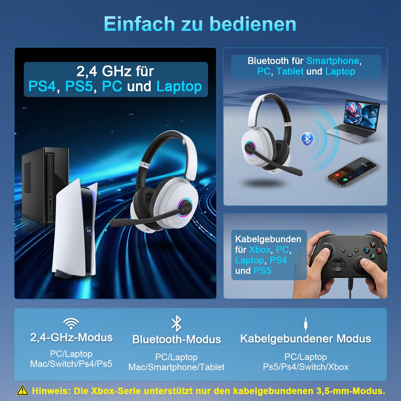 Earbay Cuffie da gioco senza fili con microfono per PS5/PS4/PC/Switch/Mac, 2,4 GHz & BT 6.0 wireless (≤ 20 ms) e cuffie con cavo da 3,5 mm, microfono con cancellazione del rumore, 7.1 Surround, luce