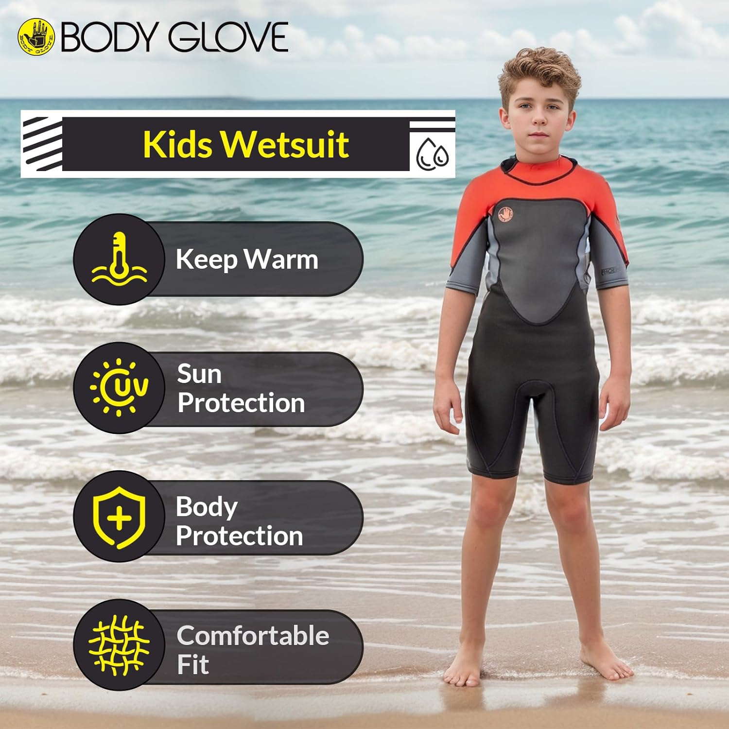 Body Glove Phoenix 2mm Kids Wetsuit for Boys Girls, Neoprene Back-Zip Short Sleeve Springsuit, Size (8-16), Keep Warm in Cold Water for Water Sports Swimming Surfing Snorkeling Diving