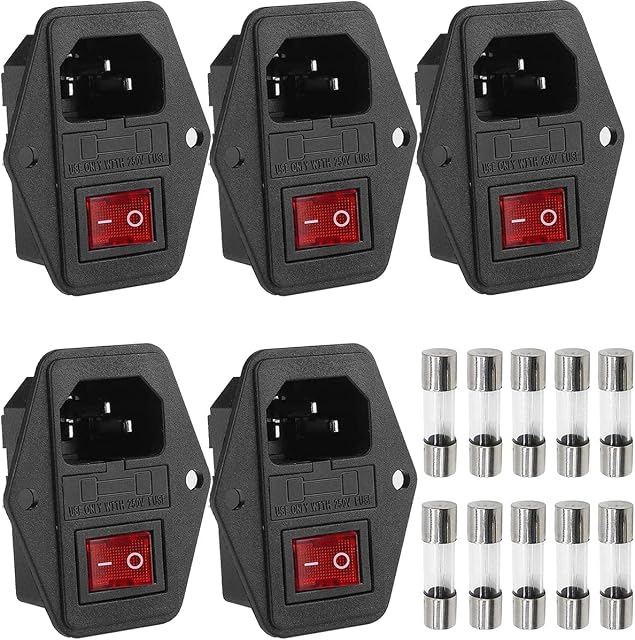 Xiatiaosann 5 PCS Inlet Module Plug, Rocker Switch Power Socket IEC320 C14 5A Fuse Switch Male 10A 250V 3 Pin Power Socket with 5 pcs 5A Fuse & 5 pcs 10A Fuse
