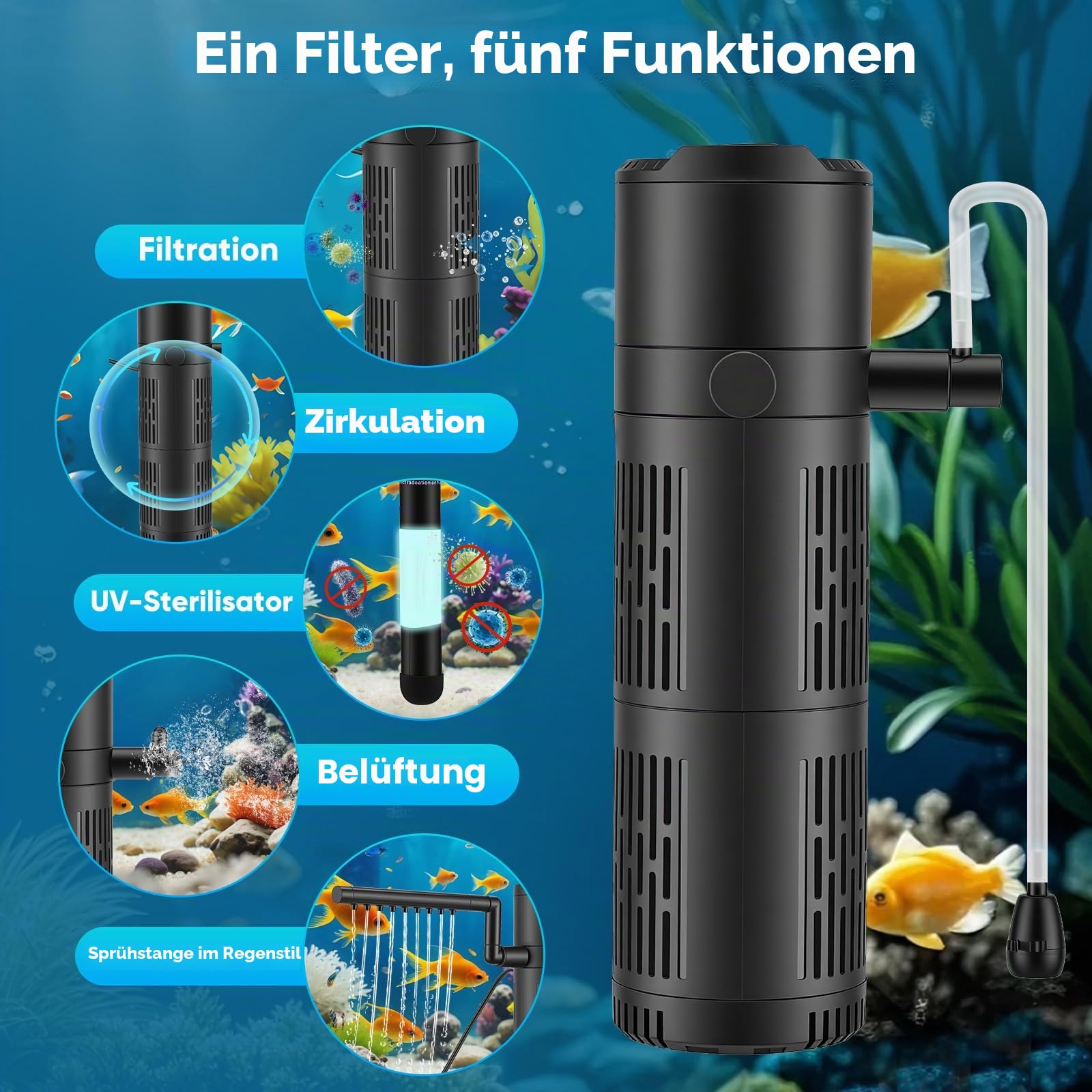 5-in-1 Aquarium Innenfilter mit UV-Sterilisator & Timer, 500 L/h leise Filterpumpe für Aquarien, Belüftung & Regendusche, Multifunktionaler Sauerstoffpumpen-Innenfilter (Geräuscharm)