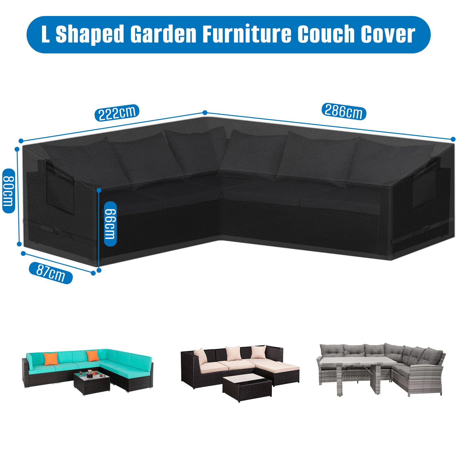 SIRUITON Copridivano da giardino a forma di V, impermeabile, copridivano angolare da esterno in tessuto Oxford 420D, copridivano da giardino in rattan con nastro impermeabile(222x286x87cm)