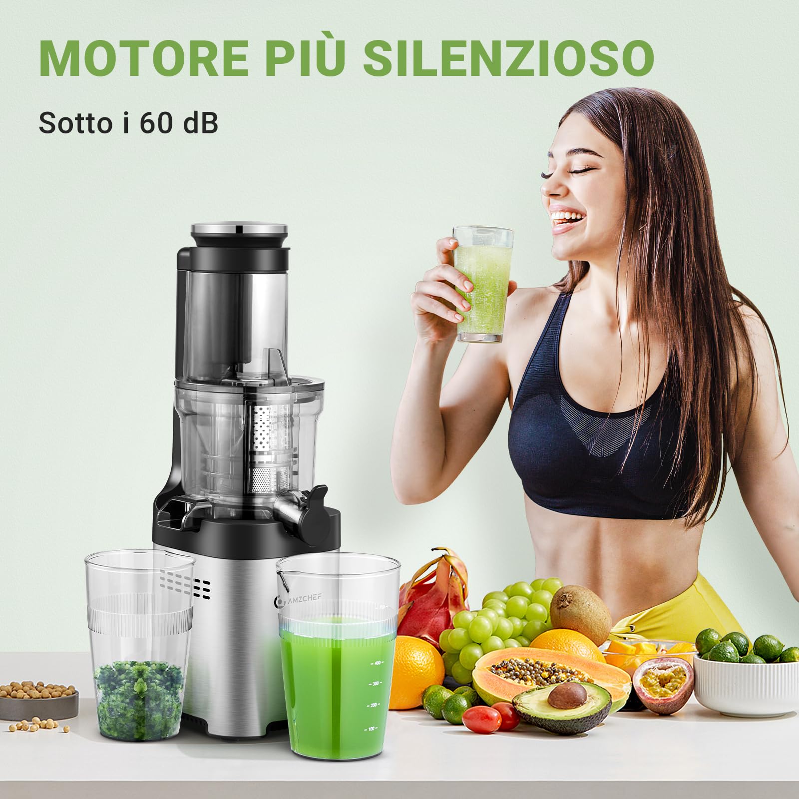 AMZCHEF Estrattore a freddo Professionale - Estrattore di Succo con Scivolo da 79mm per Frutta e Verdura Intere - Estrattori Durevole in Acciaio Inossidabile con Design Antigoccia, Coclea Grande