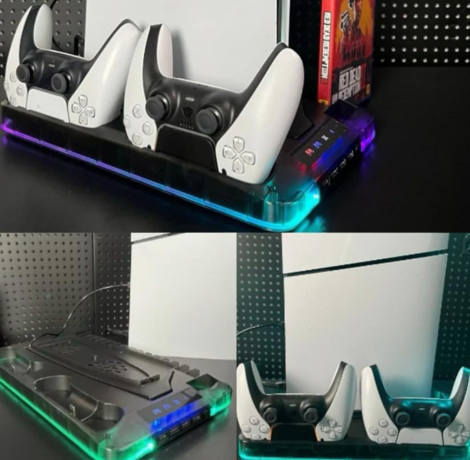 Stazione di ricarica PS5 con doppia ventola di raffreddamento, 2 dock per controller, hub USB a 3 porte, illuminazione RGB, archiviazione CD e gancio per cuffie, supporto organizer per console 5