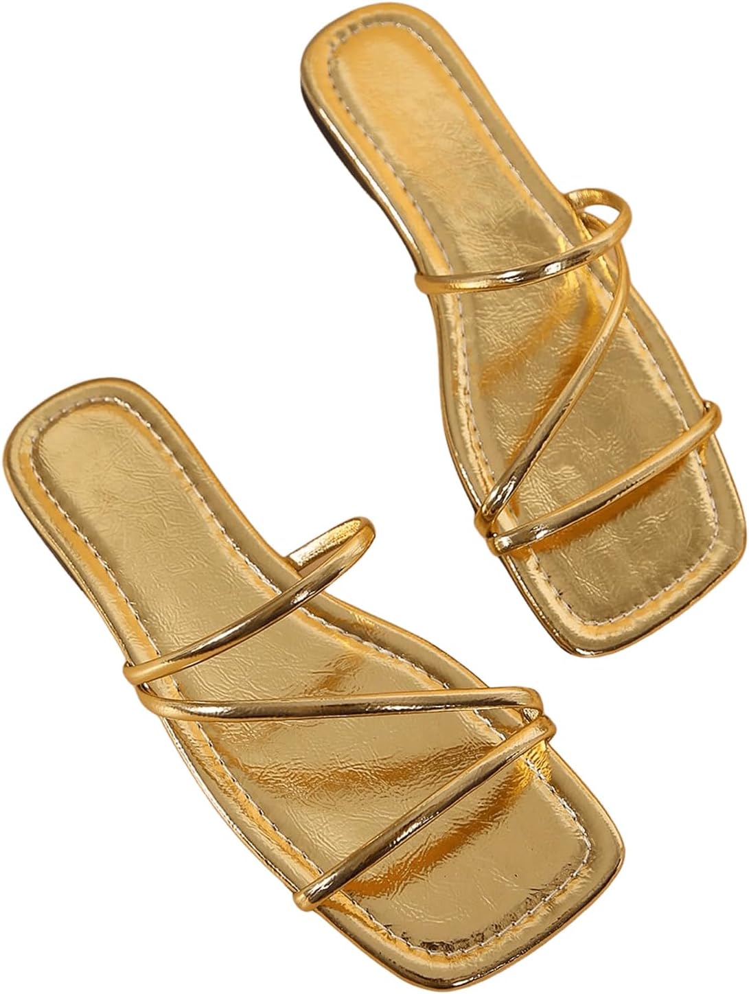 GORGLITTER Women's Metallic Strappy Flats Sandal Dressy Cute Open Toe Slip on Slides Summer Vacation Beach Sandals 2025