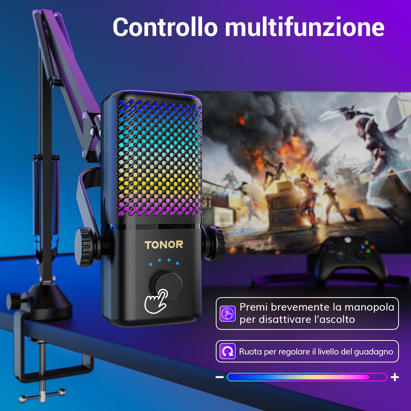 TONOR Microfono Gaming Compatibile con Xbox, Microfono RGB per Streaming con 30H di Autonomia,Basso Rumore,Silenziamento con un Tocco,Ricarica Rapida,Compatibile con Scheda di Acquisizione,200cm,TCX3+